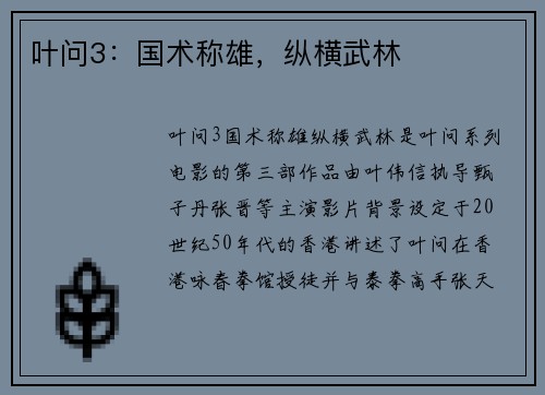 叶问3：国术称雄，纵横武林