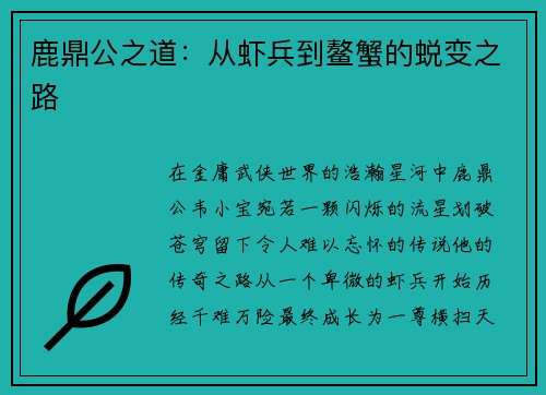 鹿鼎公之道：从虾兵到鳌蟹的蜕变之路